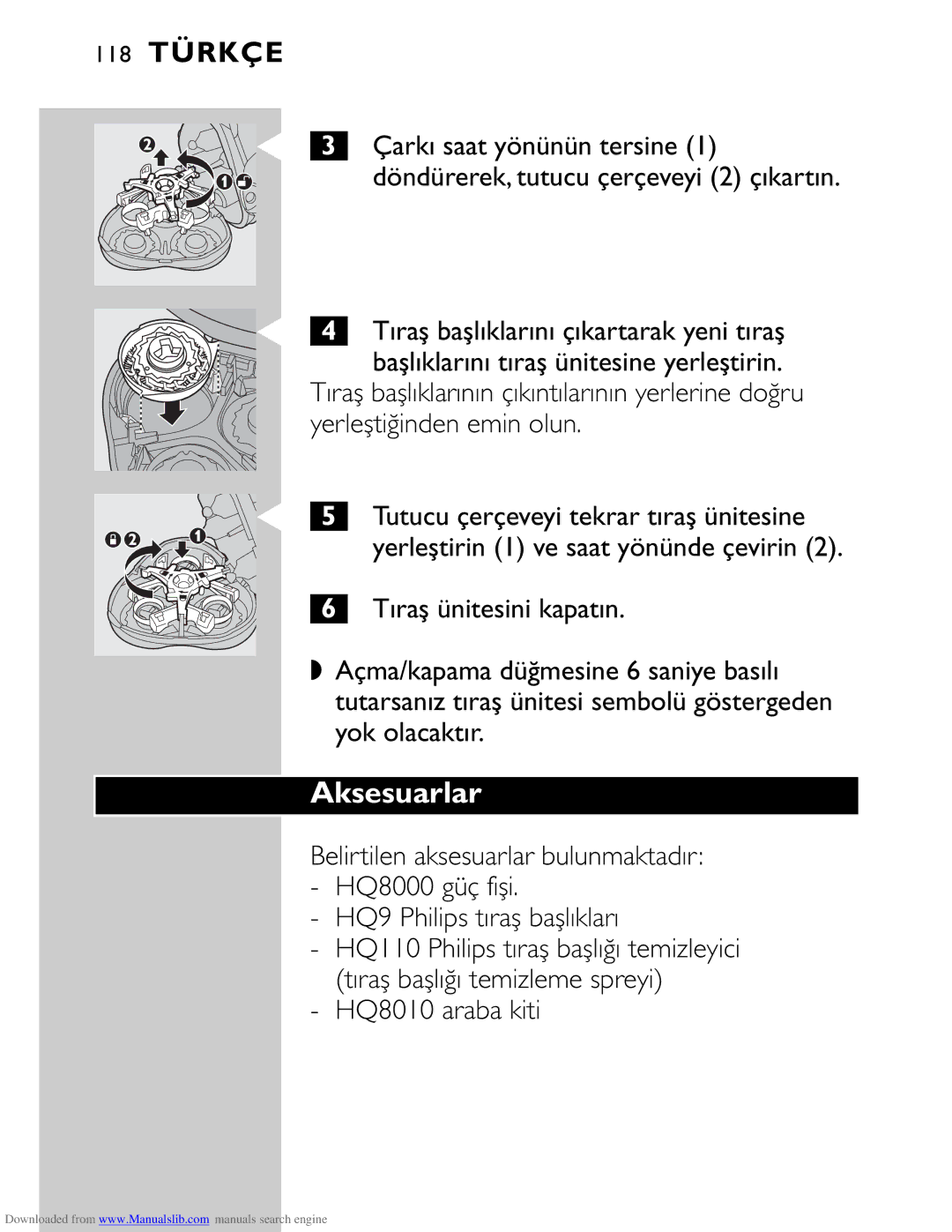 Philips HQ9160 manual Aksesuarlar, HQ8010 araba kiti 