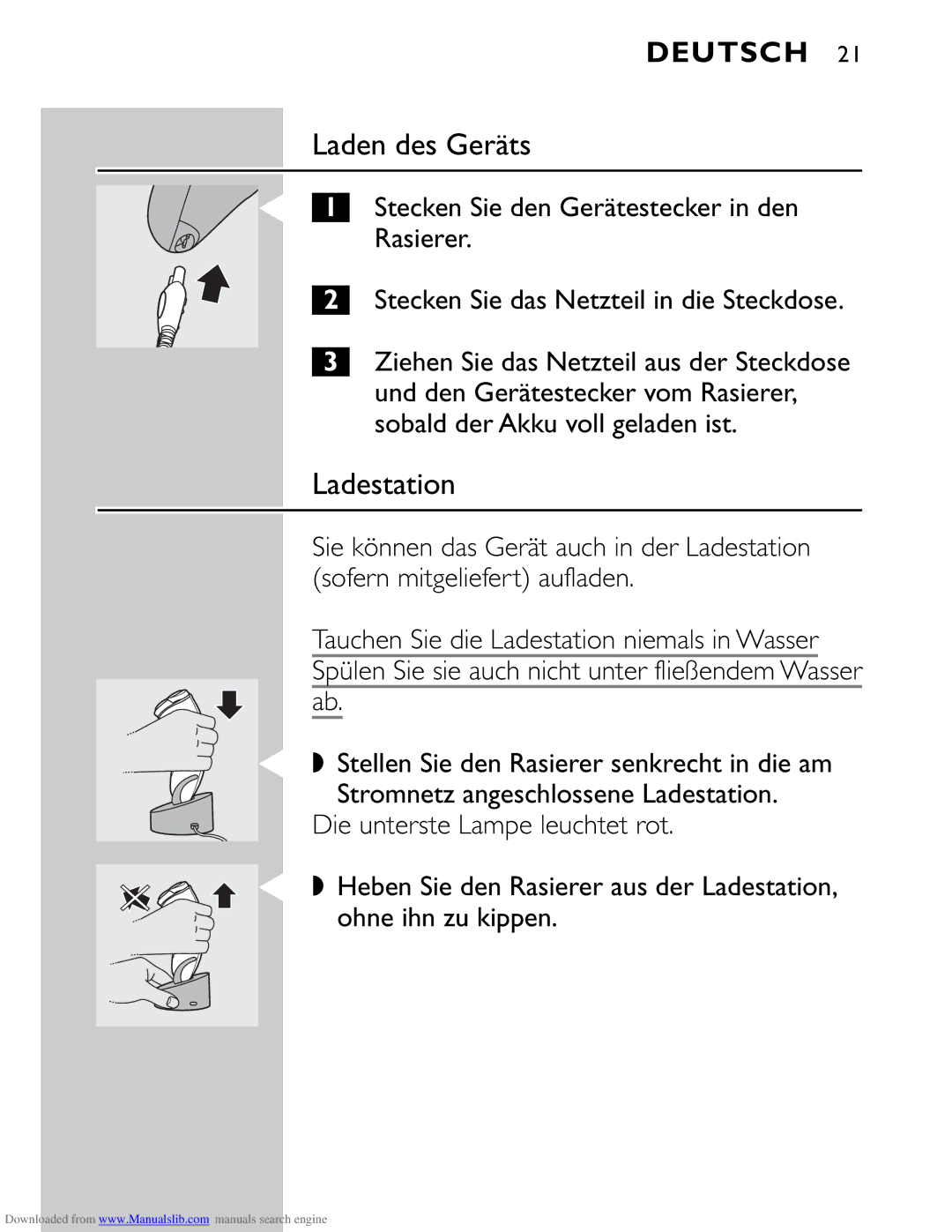 Philips HQ9160 manual Laden des Geräts, Ladestation 