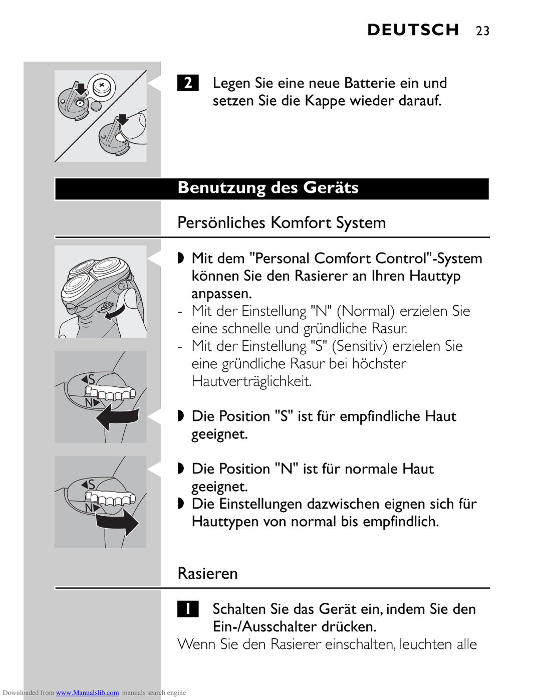 Philips HQ9160 manual Benutzung des Geräts, Persönliches Komfort System, Rasieren 