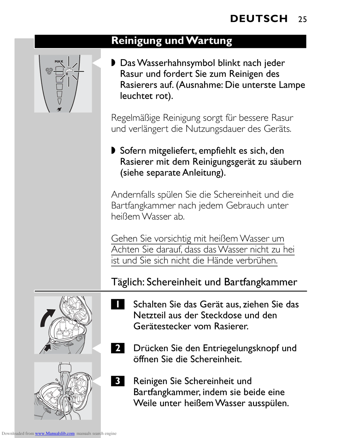 Philips HQ9160 manual Reinigung und Wartung, Täglich Schereinheit und Bartfangkammer 