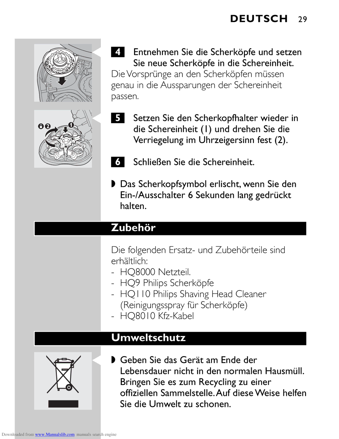 Philips HQ9160 manual Zubehör, Umweltschutz, HQ8010 Kfz-Kabel 