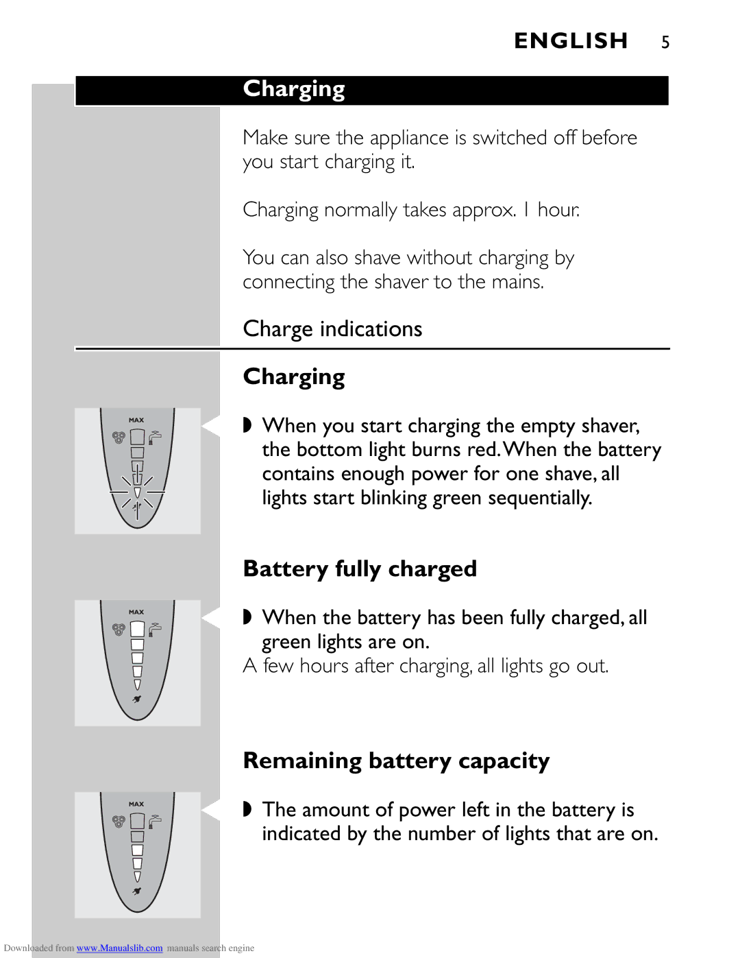 Philips HQ9160 manual Charging, Charge indications, Battery fully charged, Remaining battery capacity 