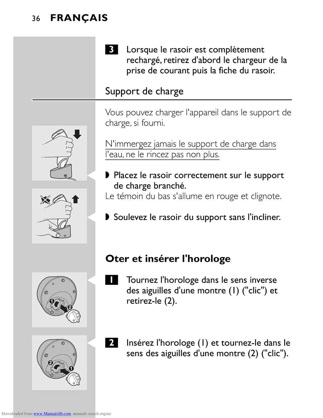 Philips HQ9160 manual Support de charge, Oter et insérer lhorologe 