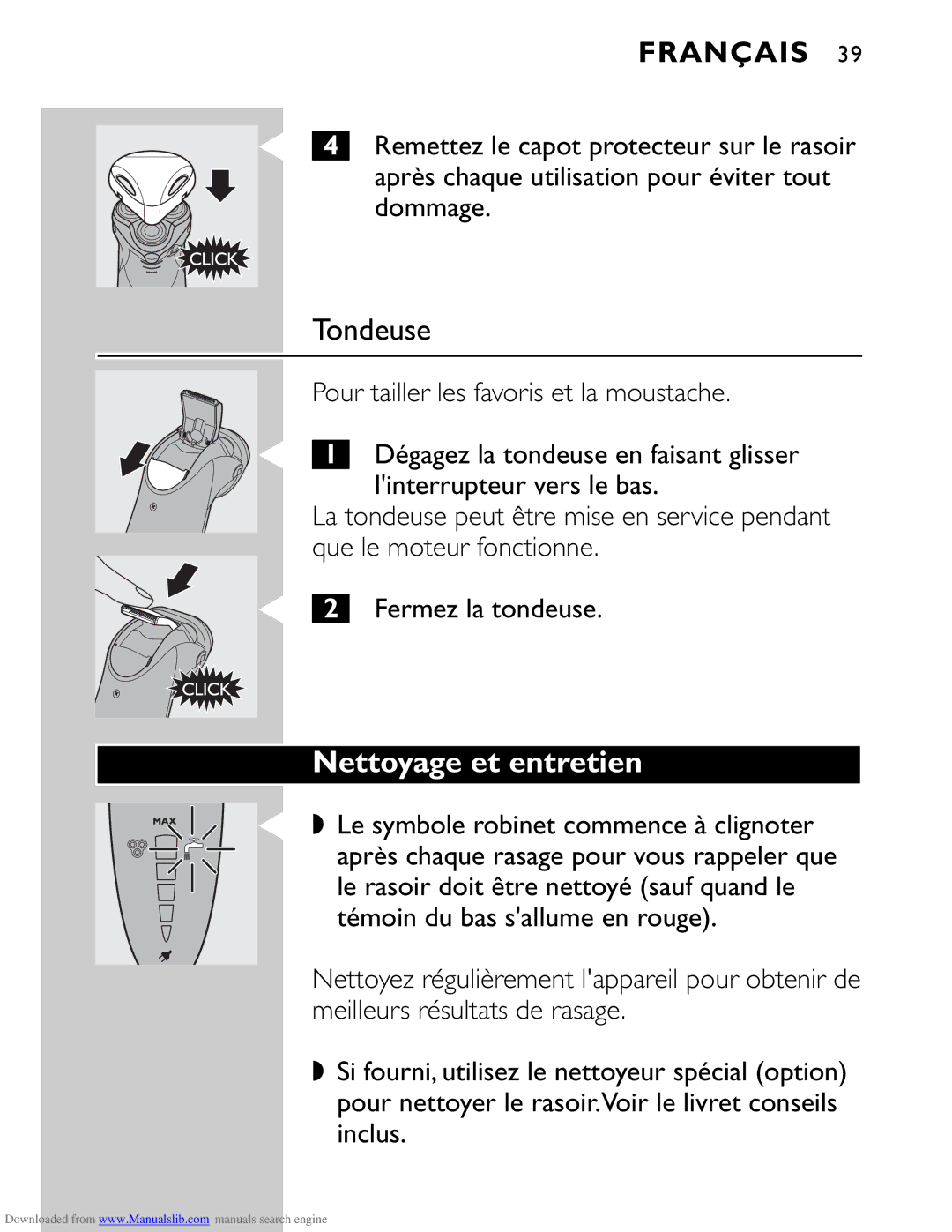 Philips HQ9160 manual Tondeuse, Nettoyage et entretien 