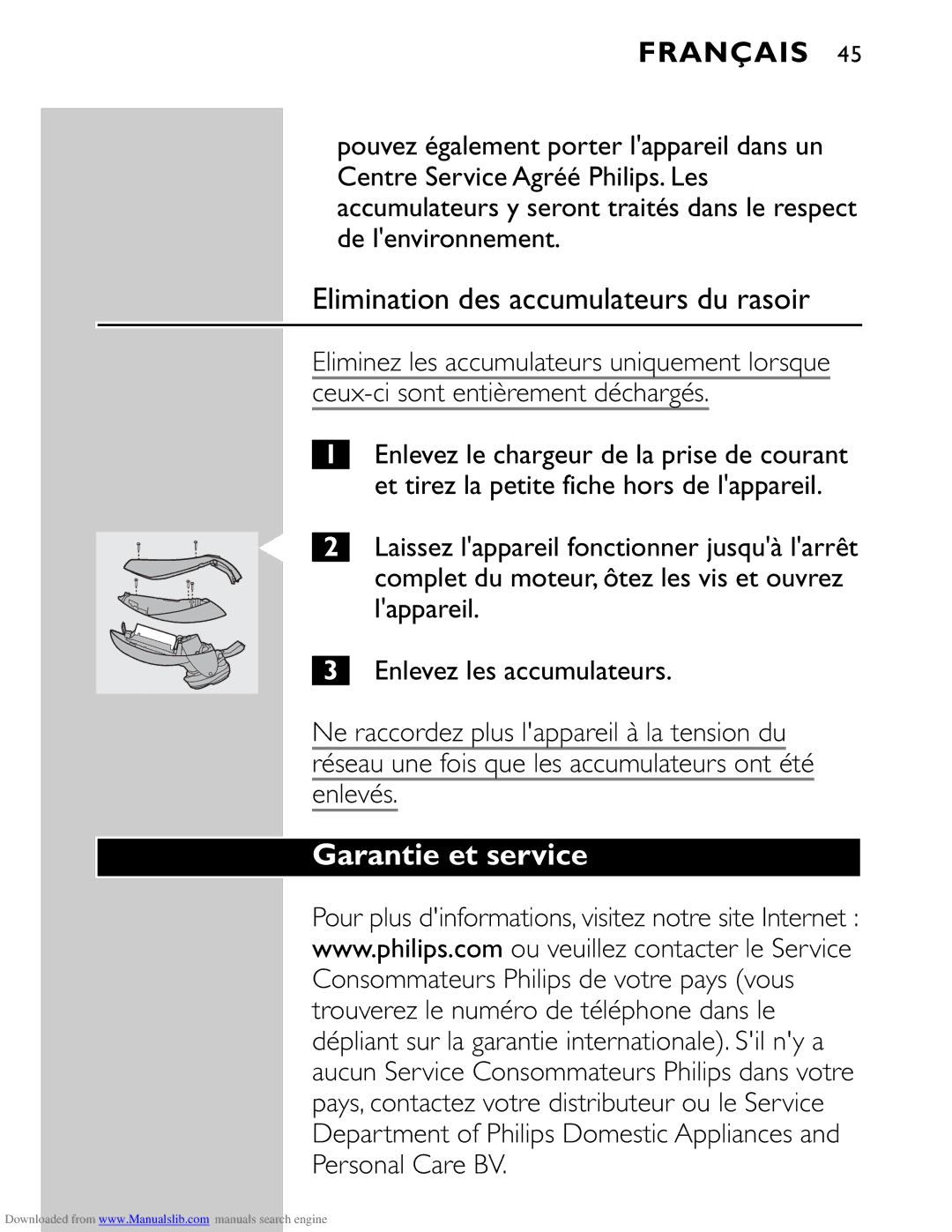 Philips HQ9160 manual Elimination des accumulateurs du rasoir, Garantie et service, Enlevés 