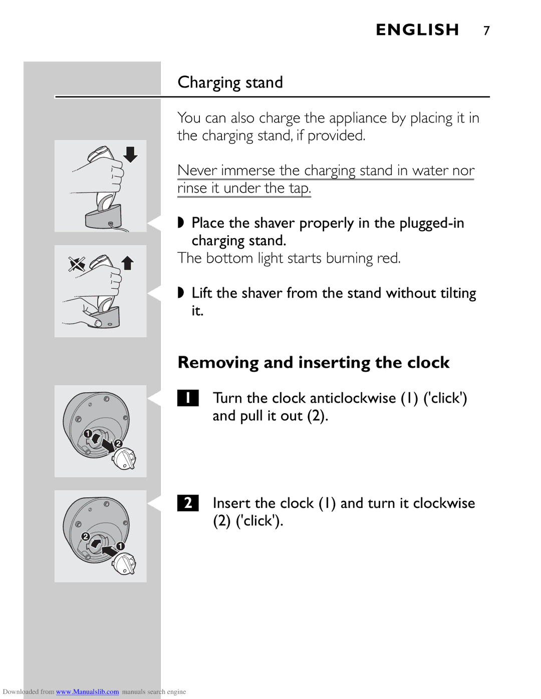 Philips HQ9160 manual Charging stand, Removing and inserting the clock 