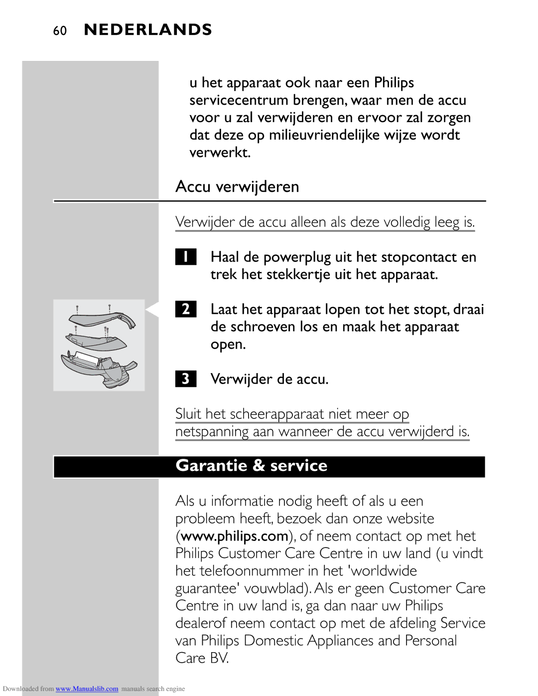 Philips HQ9160 manual Accu verwijderen, Garantie & service 