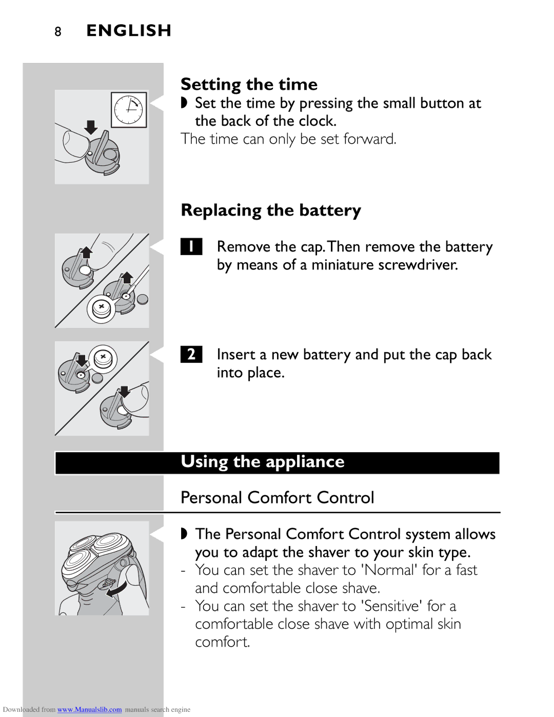 Philips HQ9160 manual Setting the time, Replacing the battery, Using the appliance, Personal Comfort Control 