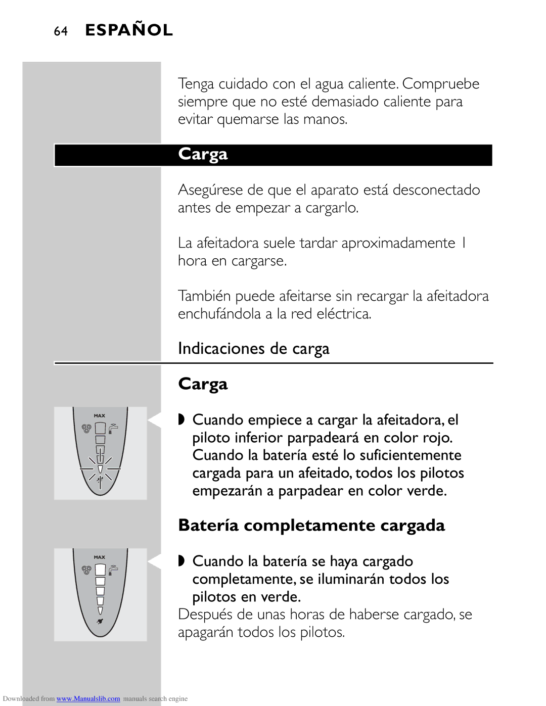 Philips HQ9160 manual Carga, Indicaciones de carga, Batería completamente cargada 