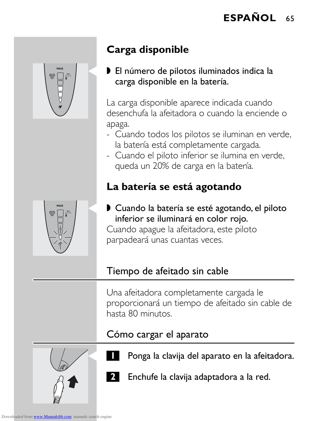 Philips HQ9160 manual Carga disponible, La batería se está agotando, Tiempo de afeitado sin cable, Cómo cargar el aparato 