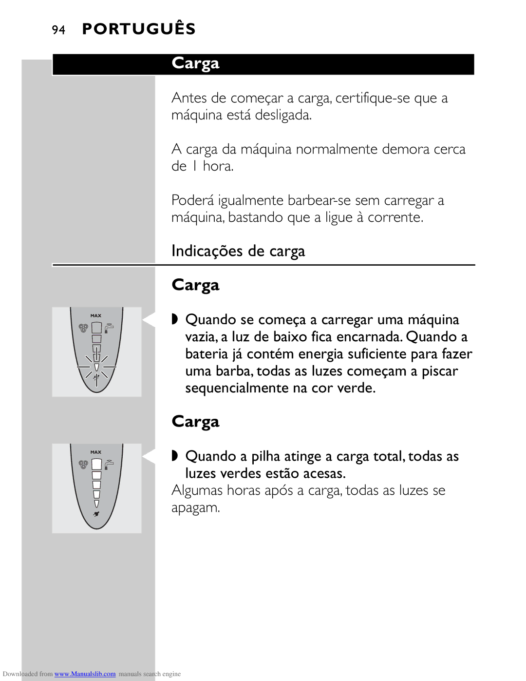 Philips HQ9160 manual Carga, Indicações de carga 