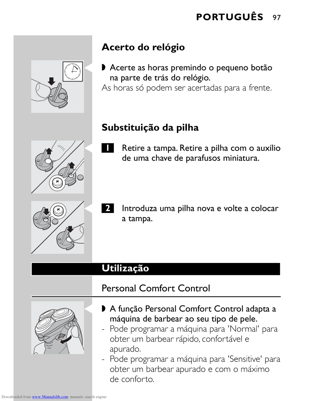 Philips HQ9160 Acerto do relógio, Substituição da pilha, Utilização, Introduza uma pilha nova e volte a colocar a tampa 