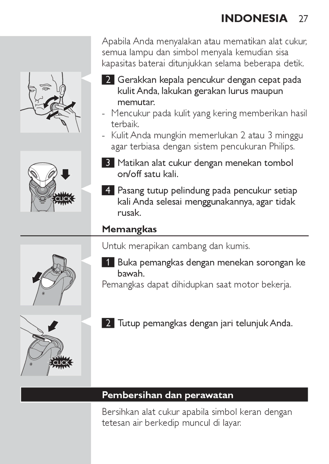 Philips HQ9170, HQ9190, HQ9171 manual Memangkas, Untuk merapikan cambang dan kumis, Pembersihan dan perawatan 