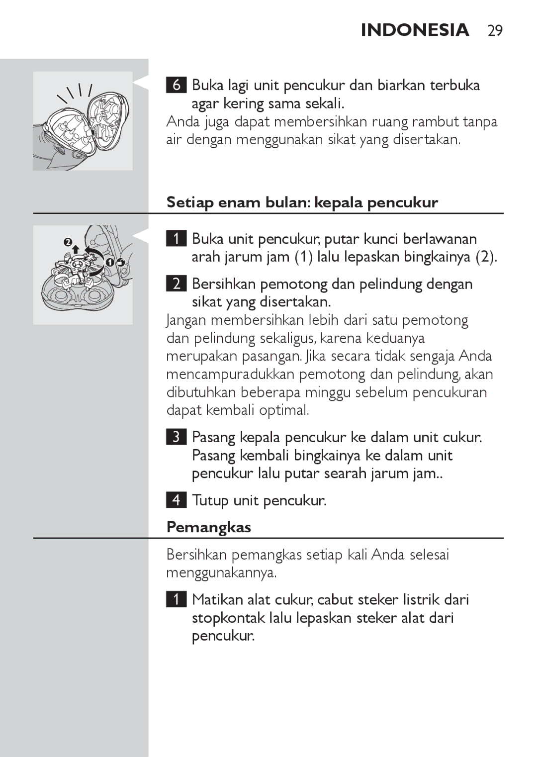 Philips HQ9190, HQ9170, HQ9171 manual Setiap enam bulan kepala pencukur, Tutup unit pencukur, Pemangkas 