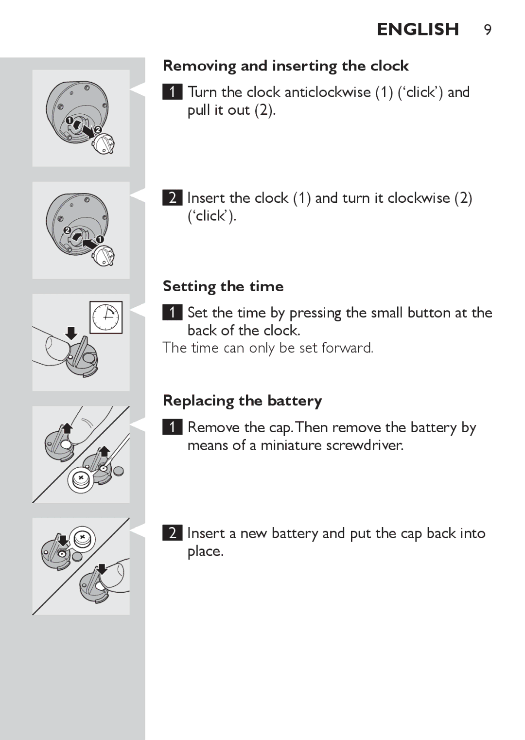 Philips HQ9170, HQ9190, HQ9171 manual Removing and inserting the clock, Setting the time, Replacing the battery 