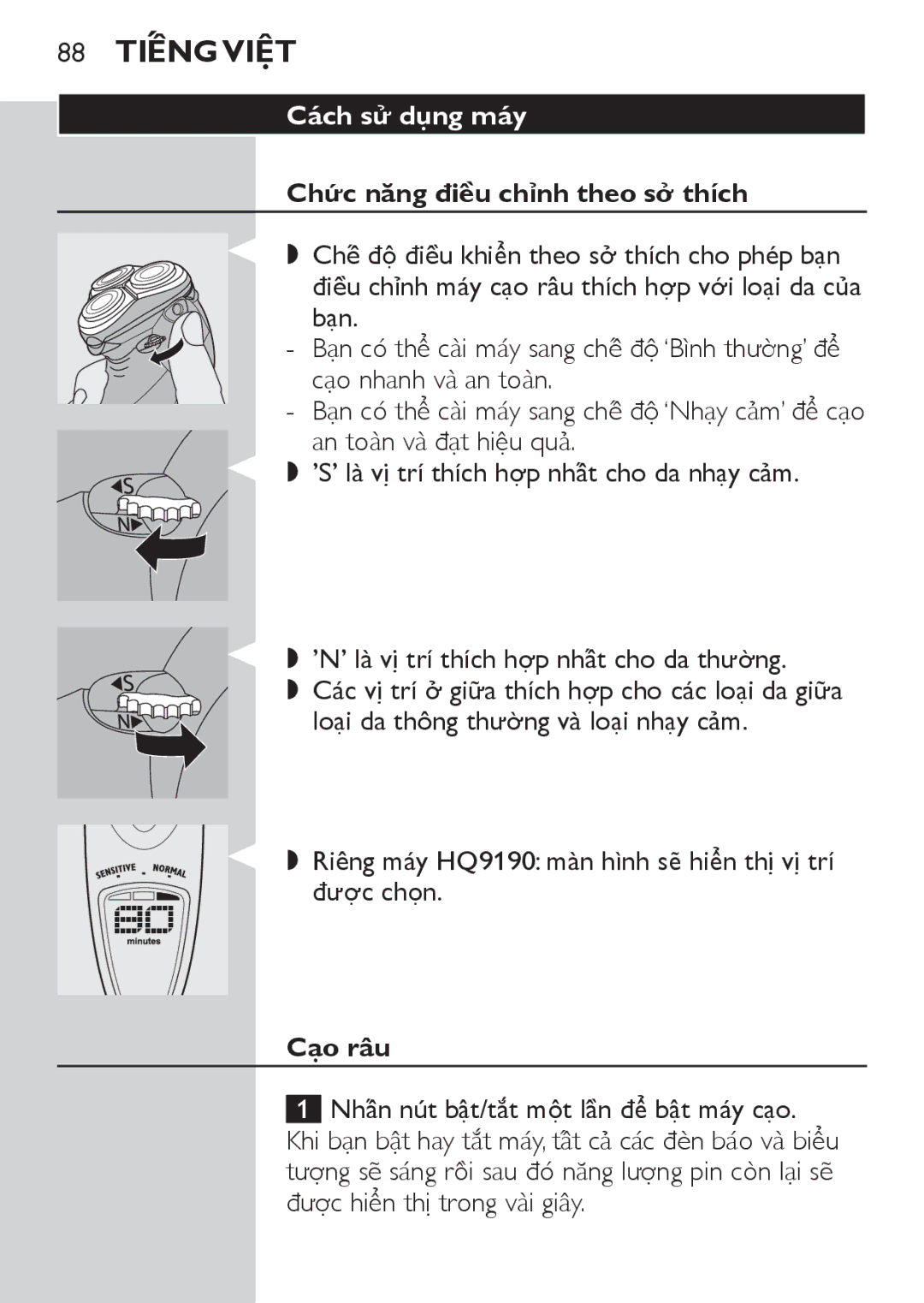 Philips HQ9171, HQ9190, HQ9170 manual 88 Tiếng Việt, Cách sử dụng máy, Chức năng điều chỉnh theo sở thích, Cạo râu 