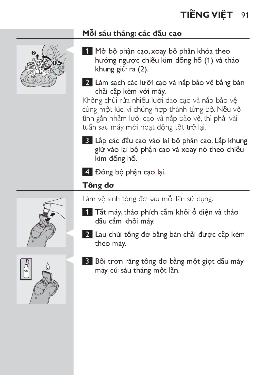 Philips HQ9171, HQ9190, HQ9170 manual Mỗi sáu tháng các đầu cạo 