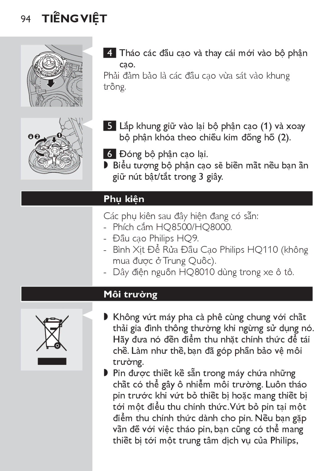 Philips HQ9171, HQ9190, HQ9170 manual 94 Tiếng Việt, Phụ kiên, Môi trương 