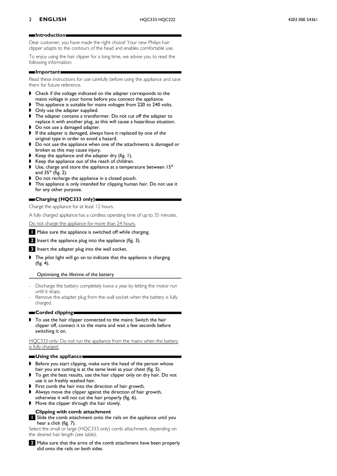Philips HQC222 Introduction, Charging HQC333 only, Corded clipping, Using the appliance, Clipping with comb attachment 