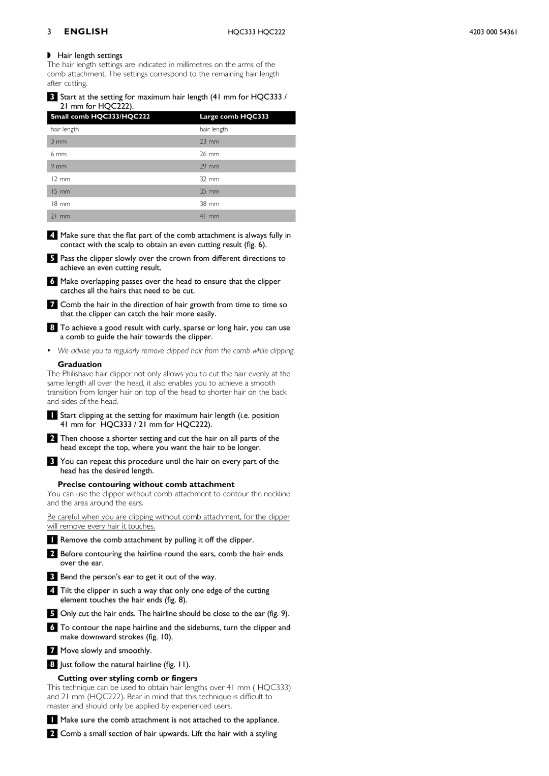 Philips HQC333, HQC222 manual Graduation, Precise contouring without comb attachment, Cutting over styling comb or fingers 