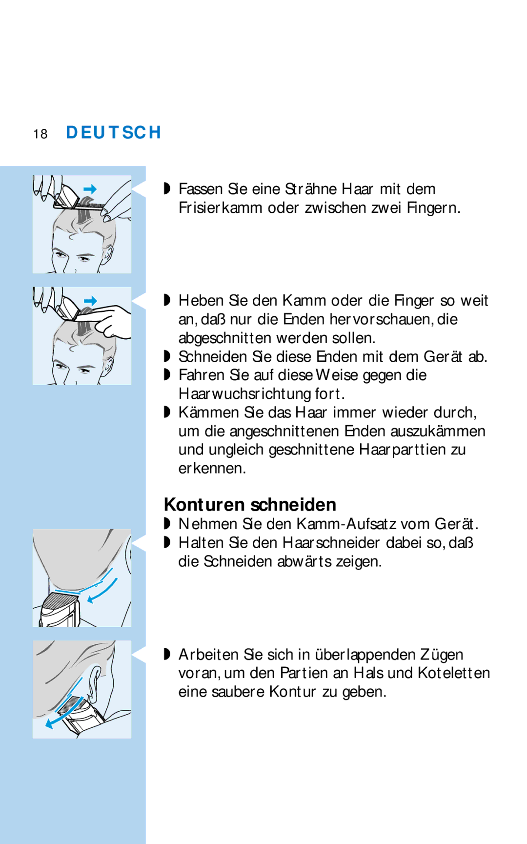 Philips HQC281 manual Konturen schneiden, Die Schneiden abwärts zeigen 