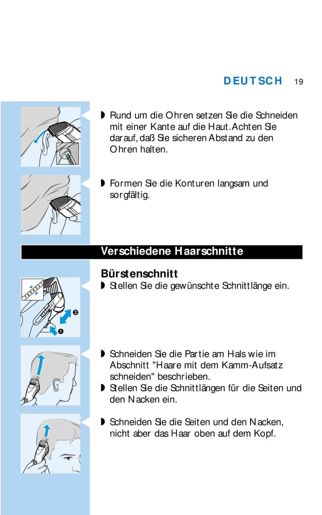 Philips HQC281 manual Verschiedene Haarschnitte, Bürstenschnitt 