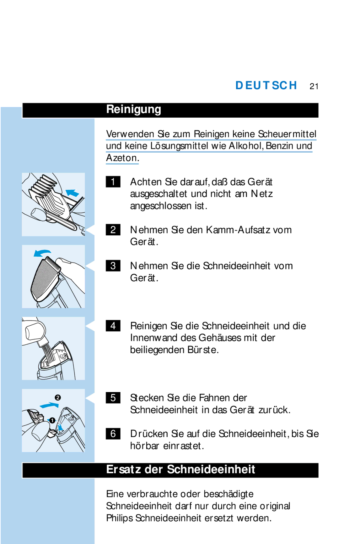 Philips HQC281 manual Reinigung, Ersatz der Schneideeinheit 