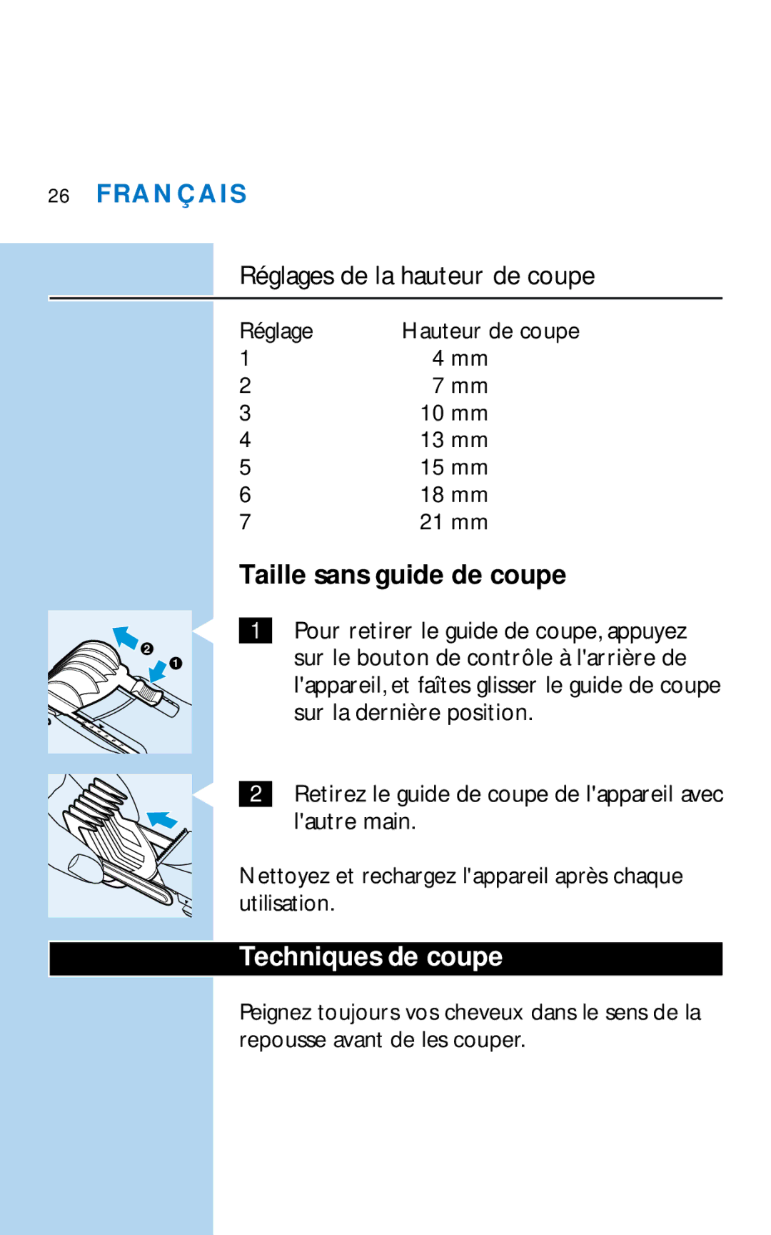 Philips HQC281 manual Taille sans guide de coupe, Techniques de coupe, Réglage 