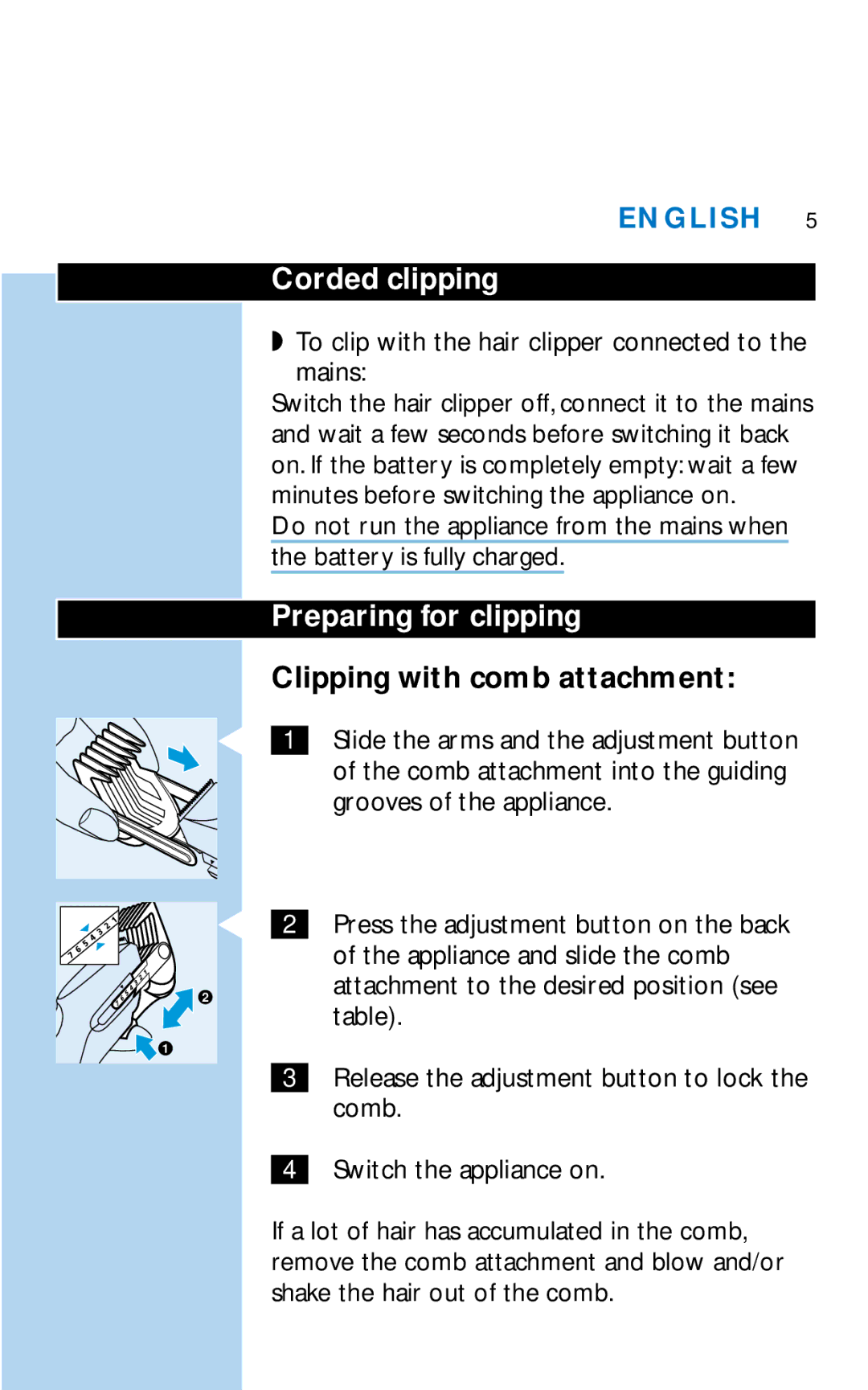 Philips HQC281 manual Corded clipping, Preparing for clipping, Clipping with comb attachment 