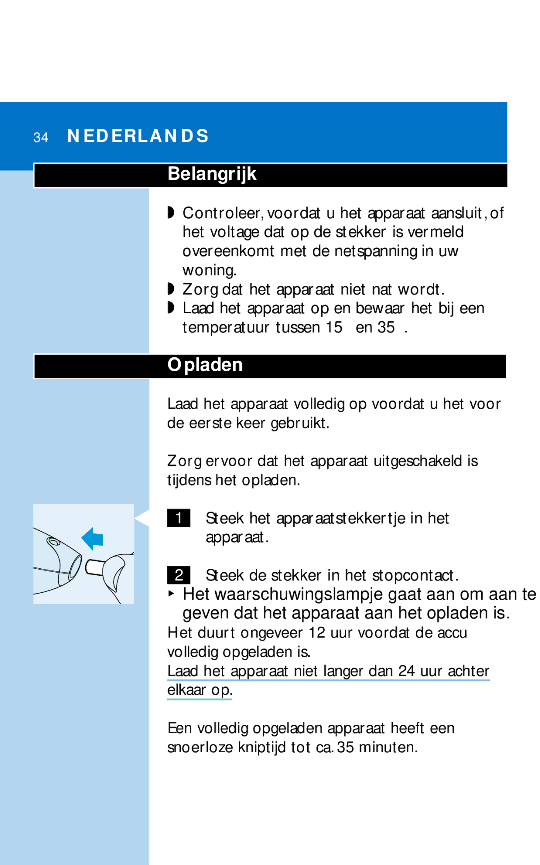 Philips HQC281 manual Opladen, Nederlands Belangrijk 