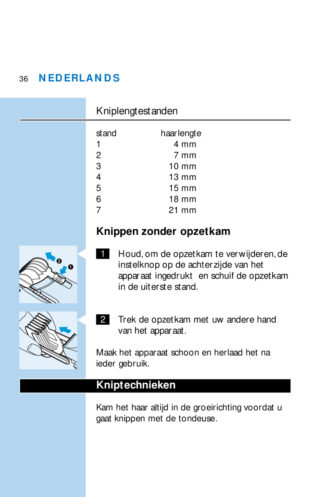 Philips HQC281 manual Knippen zonder opzetkam, Kniptechnieken, Stand 