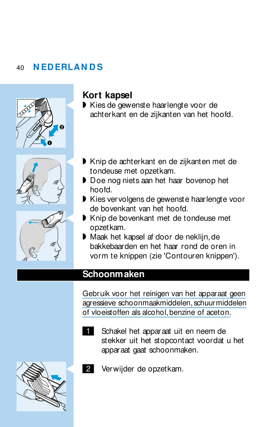 Philips HQC281 manual Kort kapsel, Schoonmaken 