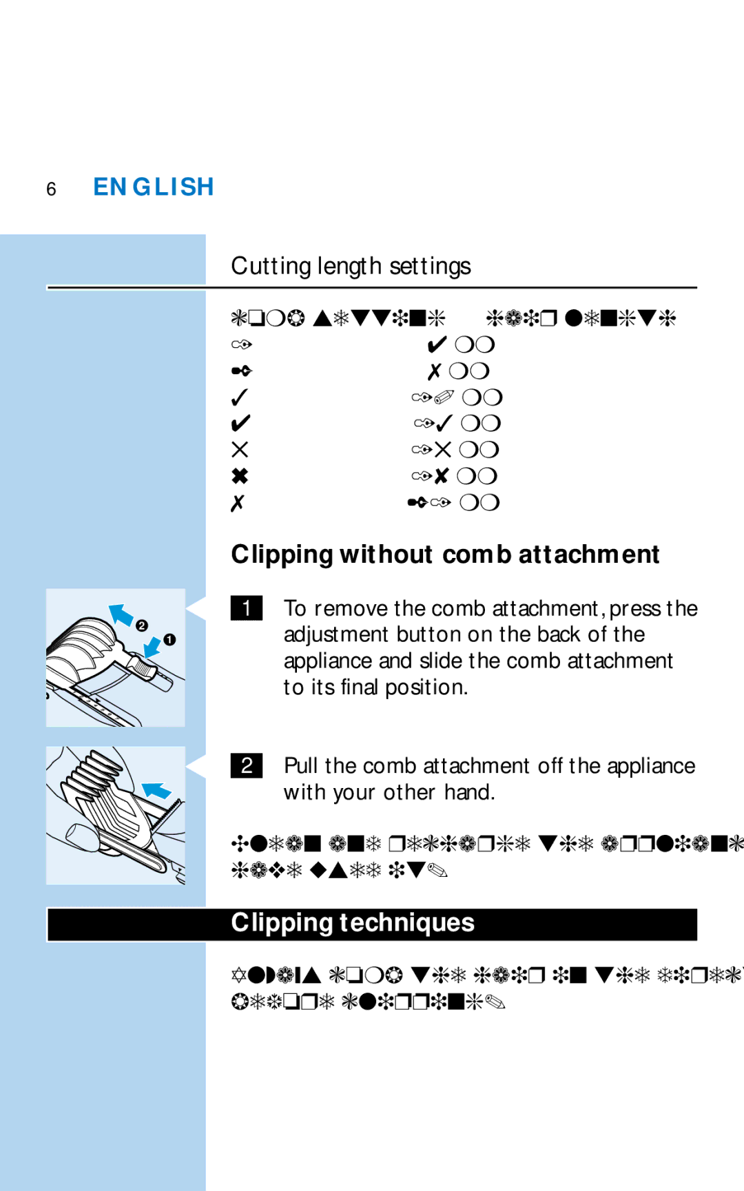 Philips HQC281 manual Clipping without comb attachment, Clipping techniques 