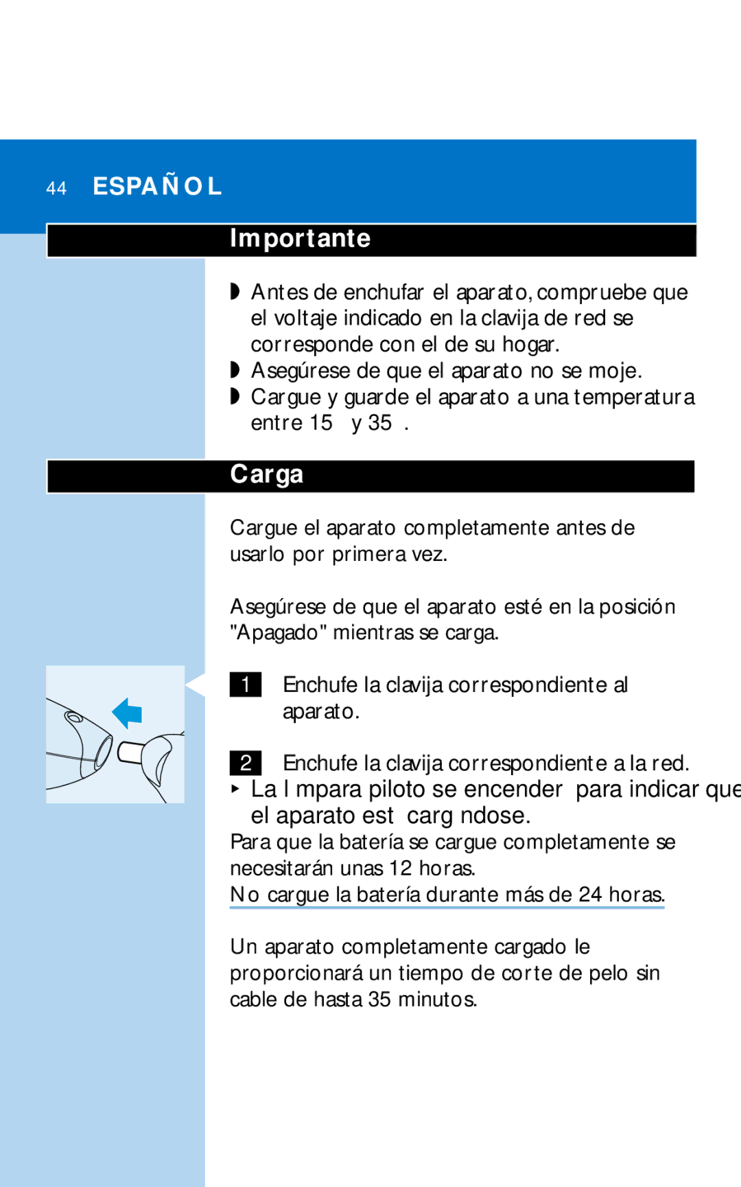 Philips HQC281 manual Importante, Carga 