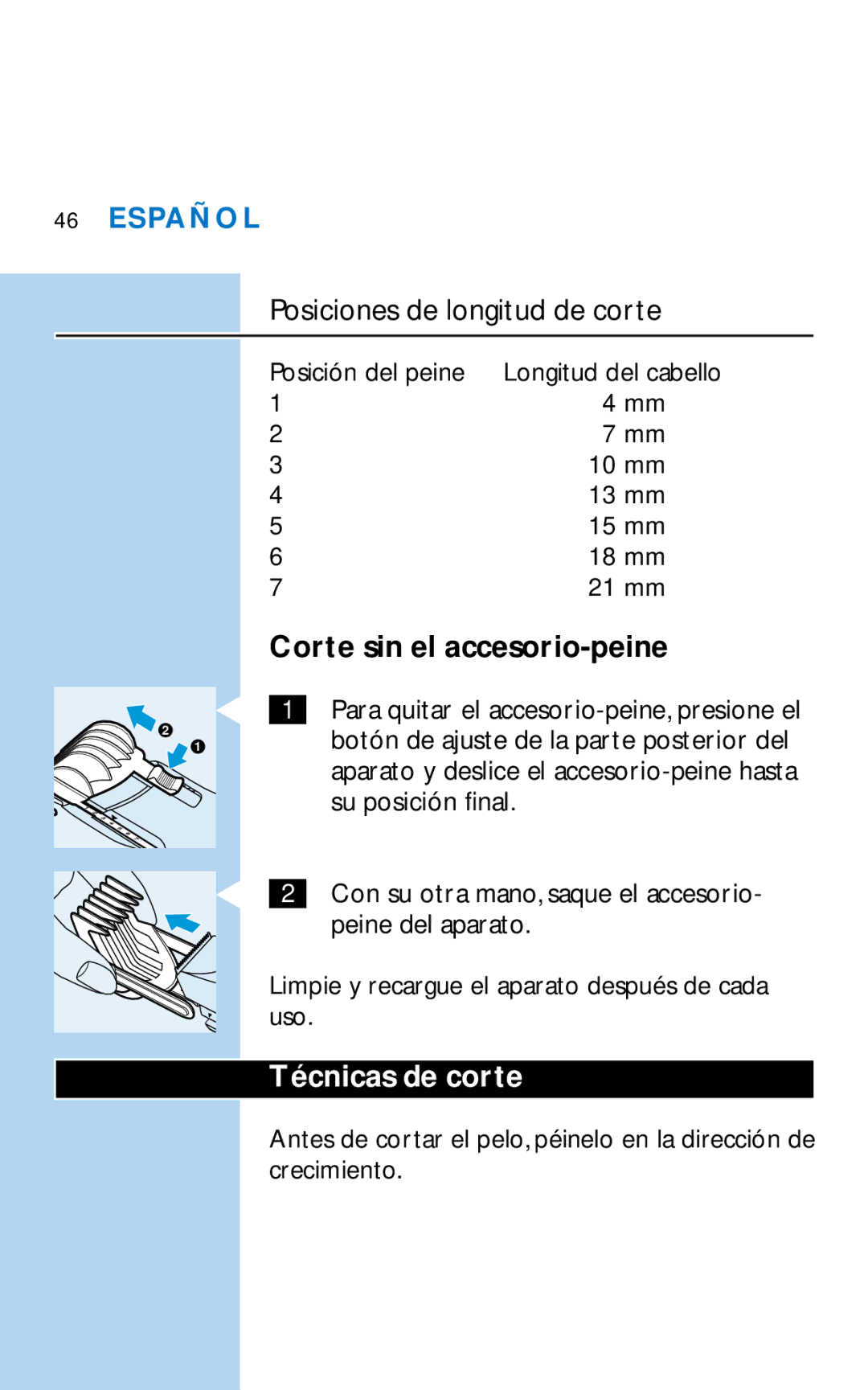 Philips HQC281 manual Corte sin el accesorio-peine, Técnicas de corte, Posición del peine 