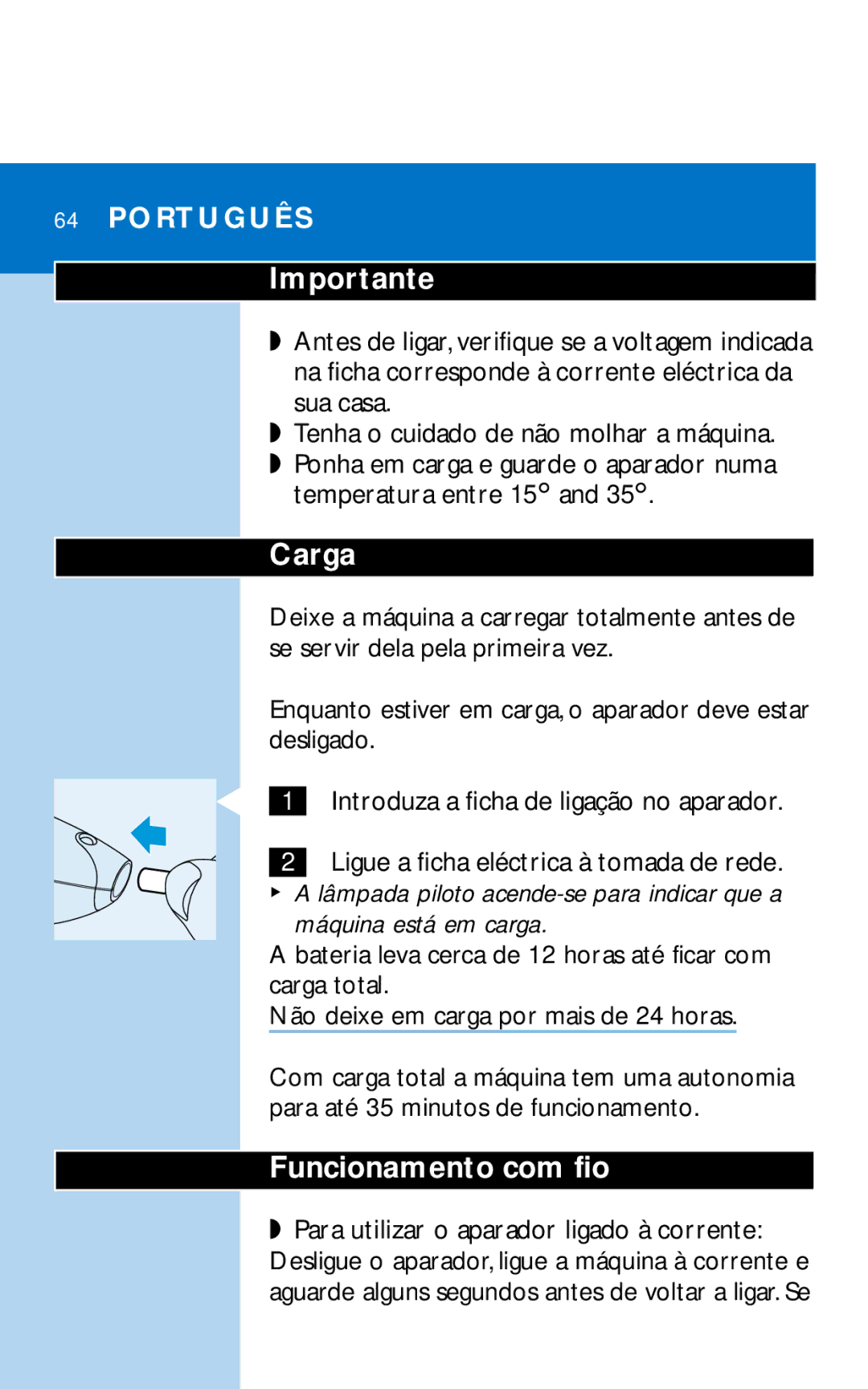 Philips HQC281 manual Funcionamento com fio, Português Importante 