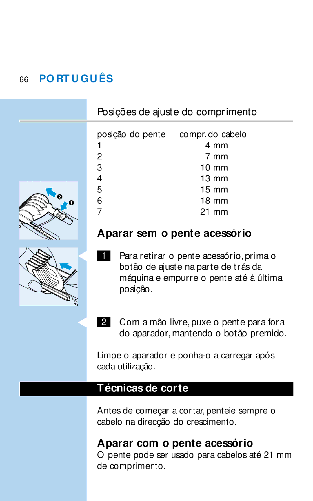 Philips HQC281 manual Aparar sem o pente acessório 