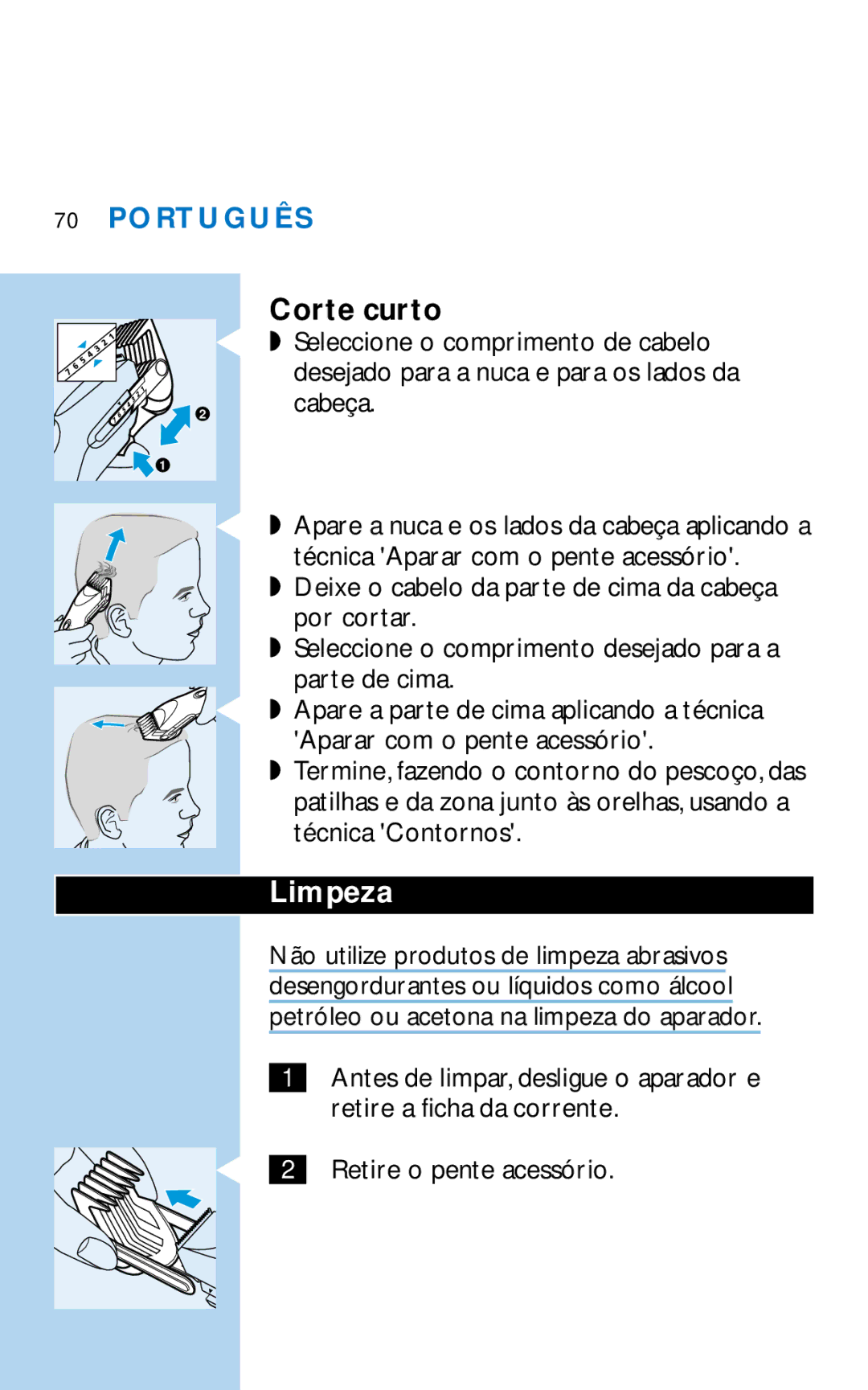 Philips HQC281 manual Corte curto, Limpeza 