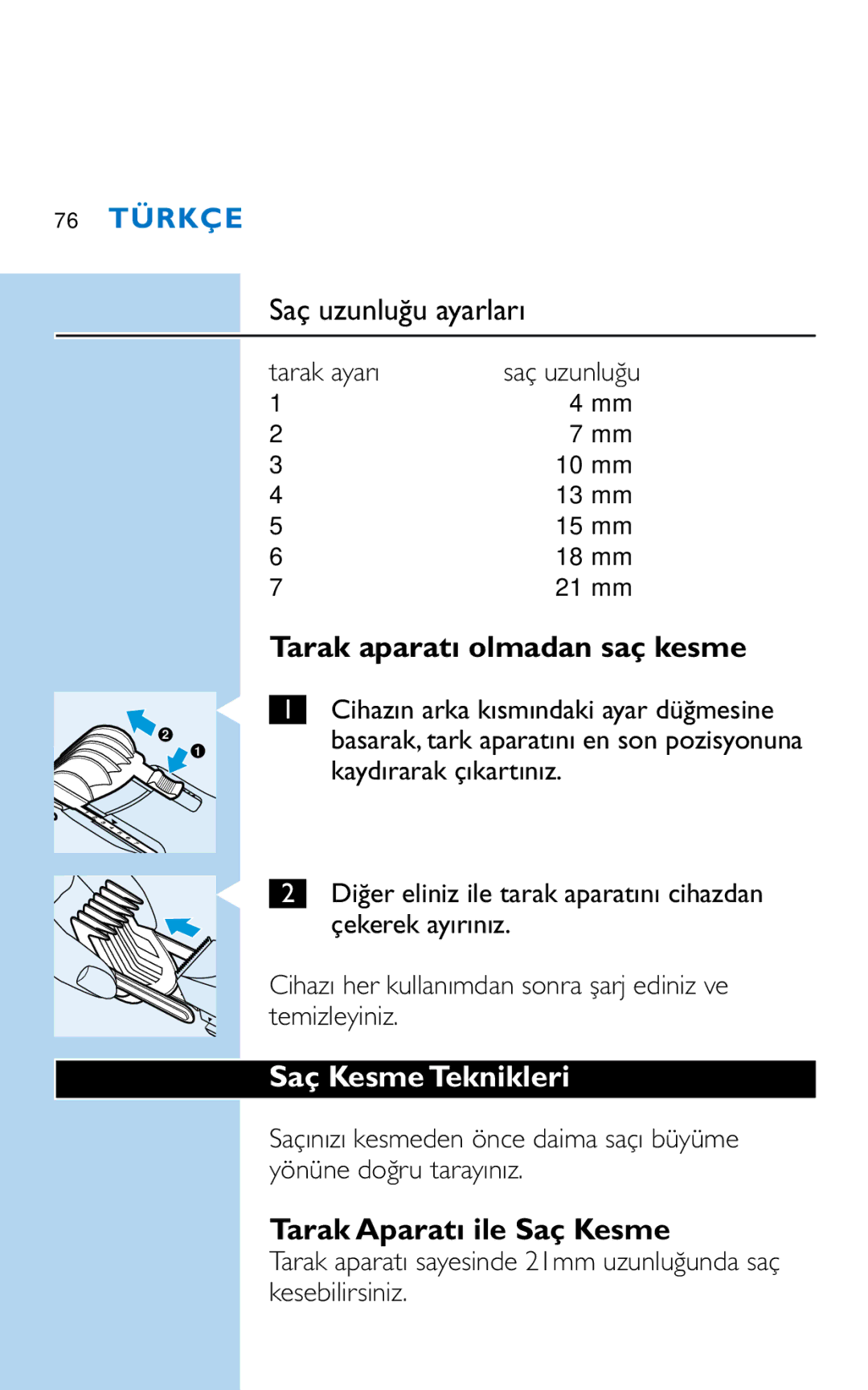 Philips HQC281 manual Tarak aparatı olmadan saç kesme, Saç Kesme Teknikleri, Tarak ayarı 