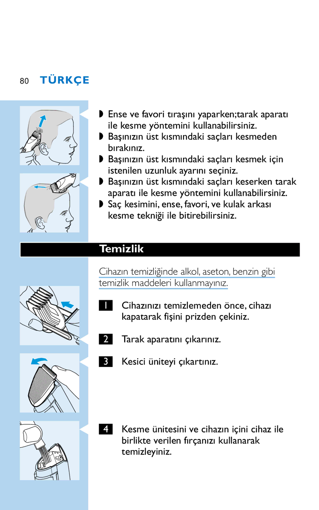 Philips HQC281 manual Temizlik, 80 Türkçe 