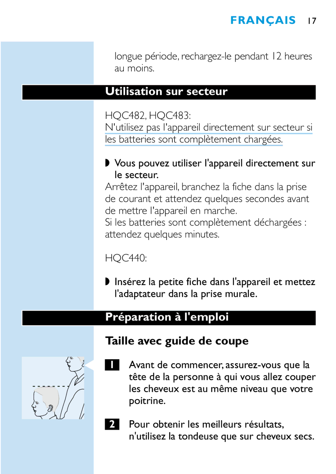 Philips HQC440, HQC482, HQC483 manual Utilisation sur secteur, Préparation à lemploi, Taille avec guide de coupe 