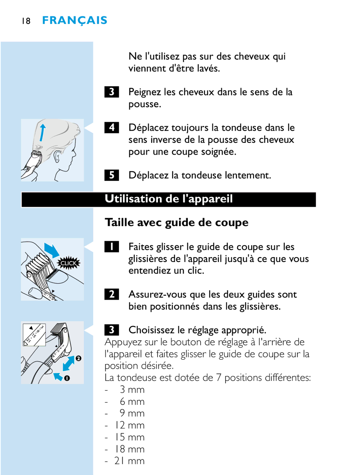 Philips HQC482, HQC440, HQC483 manual Utilisation de lappareil, Taille avec guide de coupe 