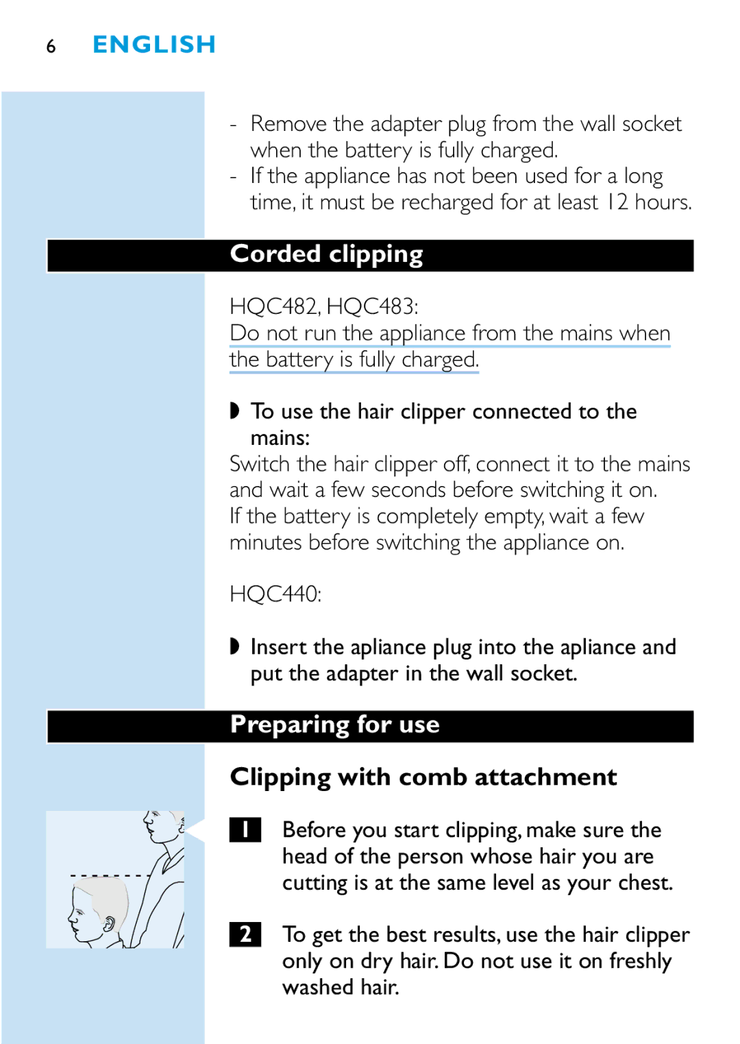 Philips HQC482, HQC440, HQC483 manual Corded clipping, Preparing for use, Clipping with comb attachment 