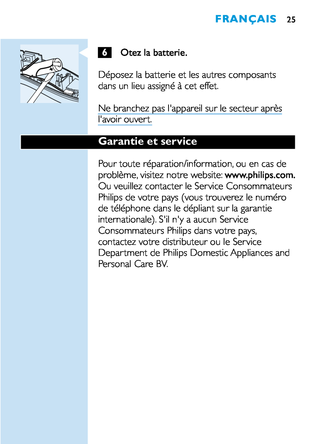 Philips HQC483, HQC440, HQC482 manual Garantie et service, Français, C 6 Otez la batterie 
