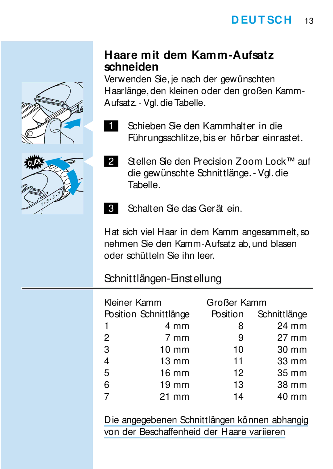 Philips HQC688 manual Haare mit dem Kamm-Aufsatz schneiden, Schnittlängen-Einstellung, Kleiner Kamm 