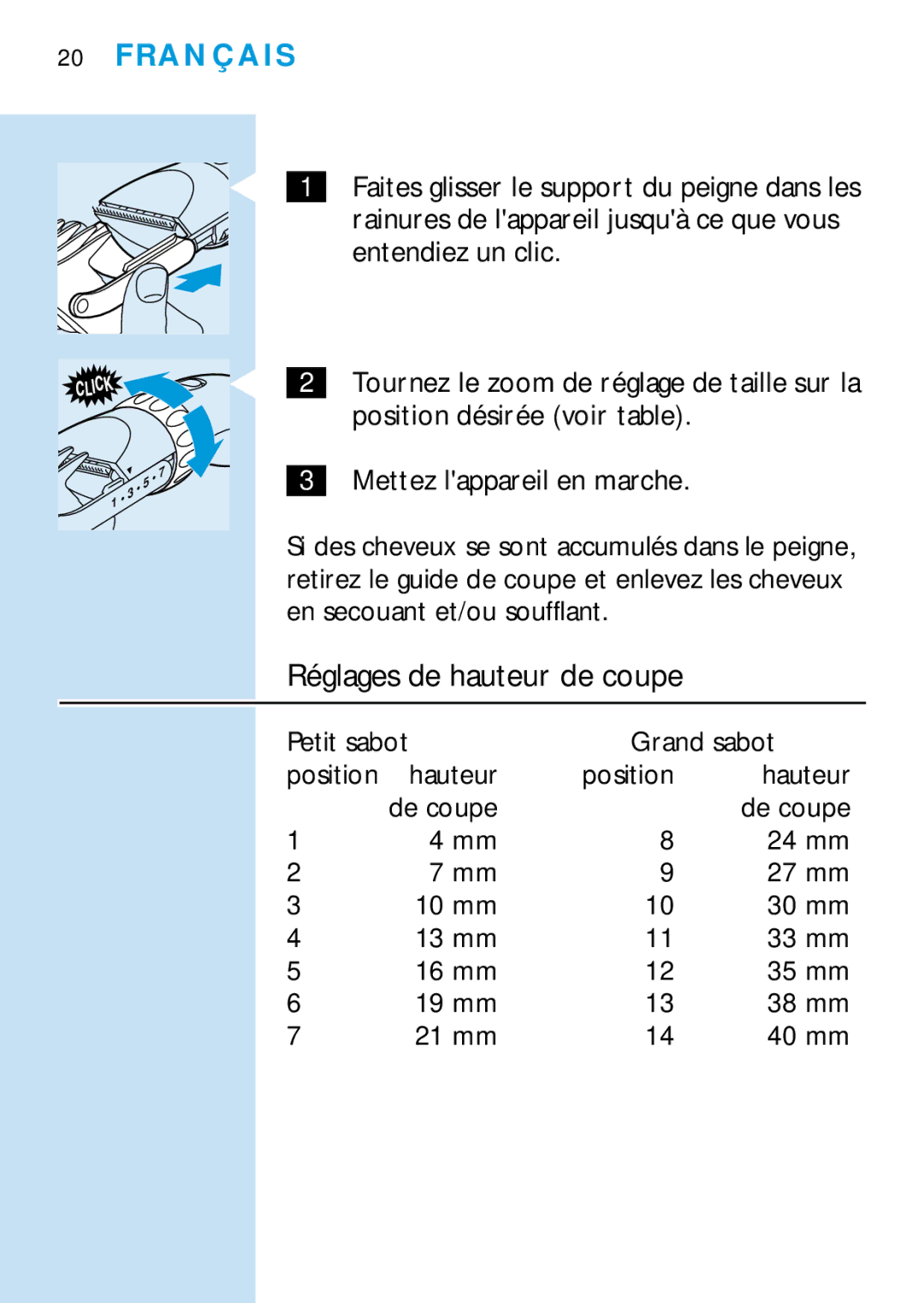 Philips HQC688 manual Réglages de hauteur de coupe, Petit sabot Grand sabot, Hauteur 