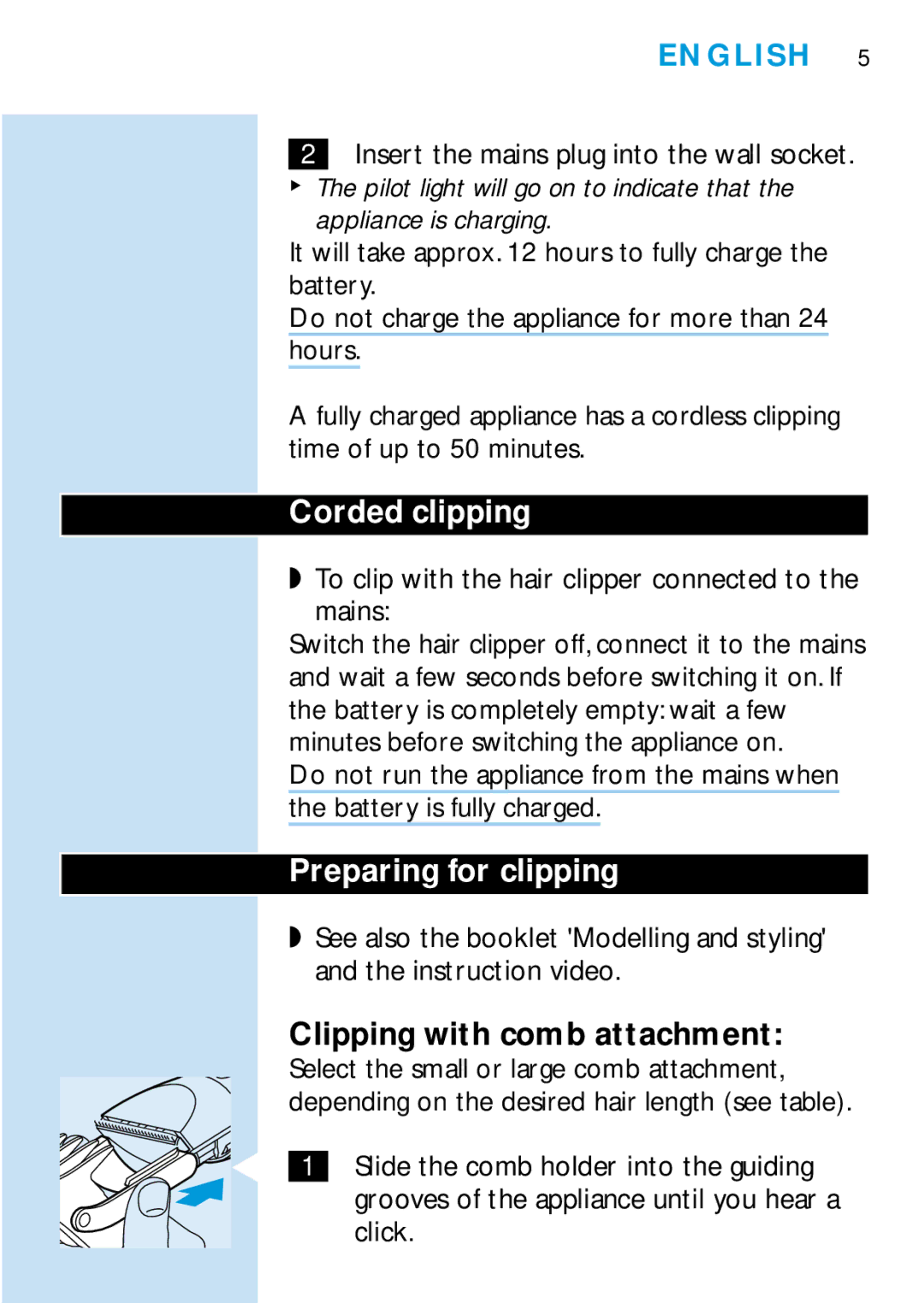 Philips HQC688 manual Corded clipping, Preparing for clipping, English, Insert the mains plug into the wall socket 