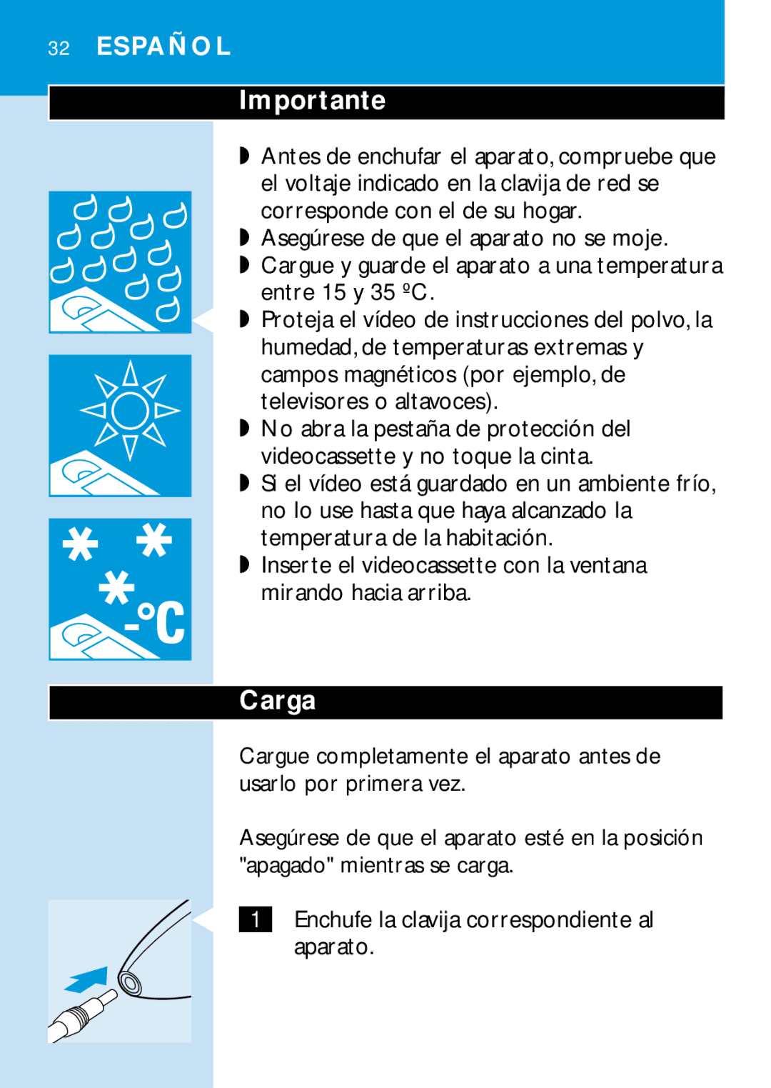 Philips HQC688 manual Importante, Carga 