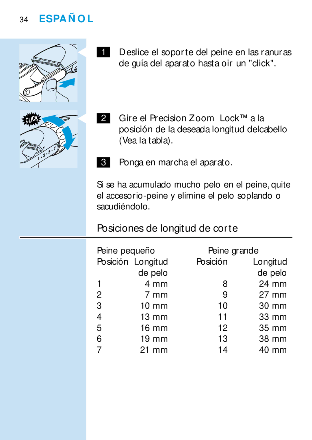 Philips HQC688 manual Posiciones de longitud de corte, Peine pequeño Peine grande Posición Longitud 