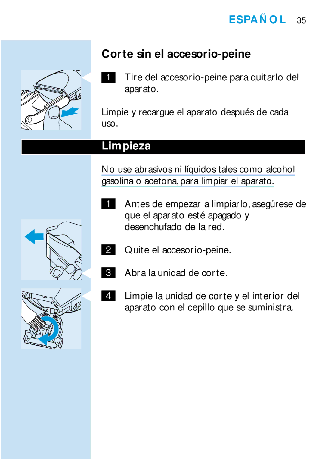 Philips HQC688 manual Corte sin el accesorio-peine, Limpieza 